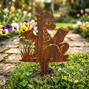 Drachen-Buch-Lesender Metall-Gartenstecker, Wetterbeständige Pulverbeschichtung, Outdoor-Gartenkunst - Product Image 6
