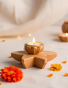 Elegante soporte de madera Diwali Diya artesanal para mejorar la decoración festiva que brinda calidez y encanto a las celebraciones - Product Image 1