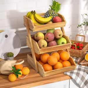 Panier à fruits élégant en bois de pin et bambou de haute qualité, organisateur à 3 niveaux, étagère de rangement pour la cuisine, utilisation polyvalente et écologique - Product Image 4