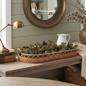 Plateau de service en rotin fait main, panier en osier ovale avec poignées pour la cuisine, la décoration du salon - Product Image 4