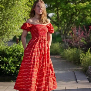 Robe longue en coton tissé sans col, manches courtes bouffantes, coupe ample, motif imprimé, pour femme, tenue de soirée d'été avec poches - Product Image 1