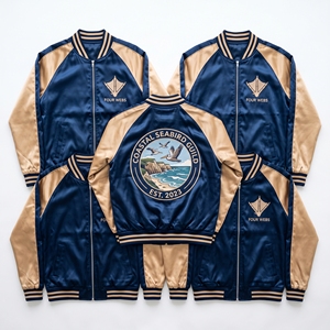 Blouson Bomber en Satin Zippé à Manches Raglan Teal Crème Corail, Broderie Graphique Arrière 'Archive Guild', Style Varsity, Vente en Gros - Product Image 4