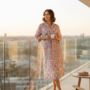 Robe Kimono en Coton Imprimé Floral Rose à Manches Longues, Peignoir de Bain et de Détente, Col en V avec Ceinture, Robe de Spa - Product Image 3