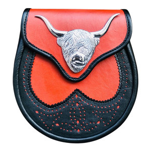 Traditional Red Black Leather Sporran Bull Face Badge Sporran With <b>Belt</b> & <b>Chain</b> Top Selling 2026 - Product Image 1