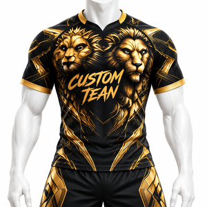 Vente en gros de maillots de rugby personnalisés à manches courtes, col en V, 100% polyester, imprimé par sublimation, polo bleu pour hommes - Product Image 4