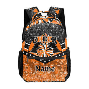 Cheer <b>Backpack</b> Orange Black White Glitter Print Front Logo <b>Children</b> Polyester Material Zipper Closure Waterproof Glitter Cheer - Product Image 1