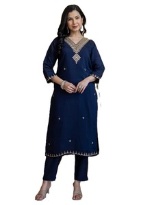 Salwar Kameez traditionnel bleu marine brodé avec dupatta floral, tenue ethnique pour femme, toutes saisons, style quotidien, tissu en soie satinée, livraison rapide - Product Image 3
