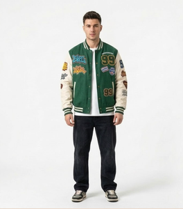 Veste d'hiver coupe-vent 100 % laine écologique avec écusson brodé vert, manches longues, style héritage personnalisé - Product Image 1