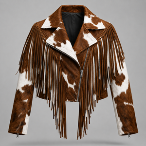 Chaqueta de cuero con flecos y estampado de vaca para mujer, estilo vaquero occidental, sin mangas, con cremallera, para invierno, de piel de vaca - Product Image 1