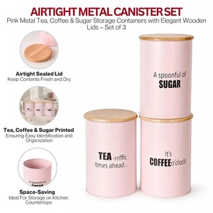Pink Metal Food Storage Containers With Wooden Lids Cylinder Shape Airtight Design For <b>Kitchen</b> Spice Preservation Minimalist - Product Image 6