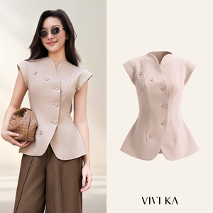 Chaleco de Mujer Color Beige con Cuello Mandarín y Mangas Cortas con Botones, Elegante Chaleco de Oficina, Color Sólido, Tejido, Estilo Otoñal, YONA - Product Image 1