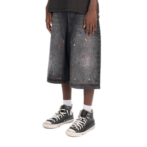 Pantalones Cortos Bermuda de Mezclilla para Hombre, Lavado Claro, con Diseño de Puntos con Lentejuelas, Cintura Media, Cierre de Botones, Estilo Casual, Tejido de Algodón - Product Image 3
