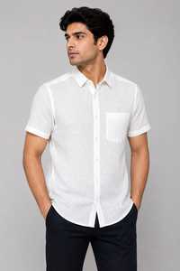 Chemise formelle pour homme à manches courtes en coton 100% blanc, à boutons, pour l'hiver, avec poche poitrine, motif uni, 140g - Product Image 4