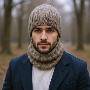 Men's Grey Ribbed Knit Beanie and Cowl Neck Warmer Set - Product Image 3