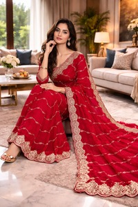 Sari de satén de diseño Fandy con bordado de cuentas en el pallu, trabajo de bordado en toda la prenda y ribete con trabajo de recorte, con blusa. - Product Image 2