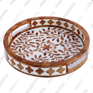 Handcrafted Wood Resin Inlay Serving <b>Tray</b> Round Decorative Storage <b>Tray</b> Floral Pattern for Coffee <b>Table</b> Home Decor - Product Image 1