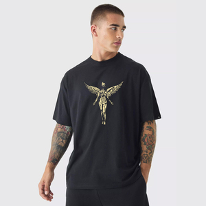 Men's <b>Black</b> Short Sleeve T-Shirt With Gold <b>Winged</b> Figure Print O-Neck Casual Jersey Fit 100% Cotton Breathable Regular Fit - Product Image 1