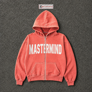 Sudadera con capucha extragrande rosa coral personalizada para hombre, estilo urbano, con estampado gráfico blanco, hombros caídos, cremallera completa, informal. - Product Image 5