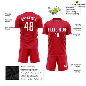 Maillot de football personnalisé haut de gamme rouge et blanc respirant à manches courtes par sublimation – Lavable en machine, séchage en machine, faible consommation d'énergie - Product Image 3