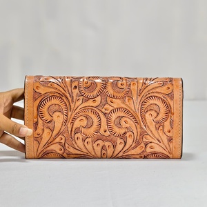 Cartera de Cuero Genuino para Mujer con Diseño Floral Grabado, Minimalista, Multifuncional, Gran Capacidad, Portátil, para Uso Diario - Product Image 2
