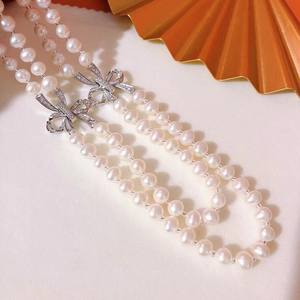 Collar de Perlas de Agua Dulce de Doble Capa de 7-8 mm, Casi Redondas, con Nudos de Mariposa, Accesorios de Joyería, Gran Venta - Product Image 1