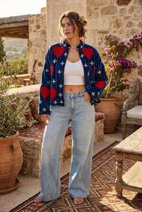 Chaqueta de terciopelo con estampado de corazones de moda, estilo bohemio, abrigo de invierno para mujer con bordado de corazones y cruces, prenda exterior llamativa para el invierno. - Product Image 2