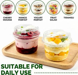 Gobelets à dessert ronds en plastique transparent avec couvercles et cuillères, mini-shooters jetables pour pâtisserie à emporter - Product Image 5