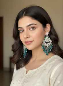 Boucles d'oreilles pendantes ethniques traditionnelles et élégantes, ornées de pierres et de perles, avec motif Paisley serti de pierres Kundan, en alliage plaqué or, idéales comme cadeau. - Product Image 2