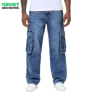 Premium Mens Blue Cargo Denim Jeans Loose Fit Wide Leg Style With Multiple Utility Pockets Durable Cotton Fabric Work Pants - Product Image 1