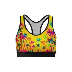 Soutien-gorge de sport imprimé palmiers colorés pour femme, tenue d'entraînement, jaune avec bordure noire, design dos nageur - Product Image 1