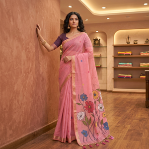 Sari de Algodón Rosa con Tejido Floral, Prenda Tradicional para Mujer, Estilo India-Pakistán, Corte Casual Regular - Product Image 1