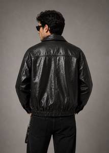 Chaqueta de Lona y Cuero Genuino para Hombre, Estilo Motociclista Vintage, Cierre de Cremallera, Cuello Camisero, Manga Larga, Chaqueta Casual de Moda - Product Image 5