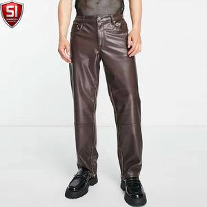 Pantalones de moto para hombre de cuero marrón, cortavientos, casuales, de corte recto, cintura alta, cierre de cremallera, bolsillos laterales, peso medio, para invierno - Product Image 3