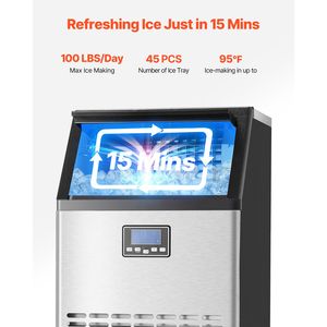 Macchina per il Ghiaccio Commerciale con Capacità di Stoccaggio di 60kg, 45 Cubetti di Ghiaccio in 15 Minuti, Pompa di Scarico, Display LED, Stoccaggio 33lbs, 100lbs/24H - Product Image 2