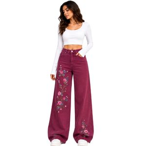 Jean large brodé floral bordeaux pour femme, taille haute, coupe ample, style vintage, décontracté, mode, vêtements personnalisés OEM ODM - Product Image 1