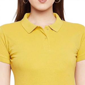 เสื้อโปโลแขนสั้นผู้หญิงสีเหลืองมัสตาร์ดแบบถักลำลองความยาวปกติ - Product Image 5