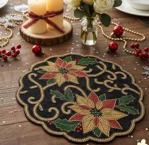 Set de table en tissu en forme de fleur de Noël, design perlé, antidérapant, réglable, léger, diamètre 450 mm, luxe, écologique, fait main - Product Image 1