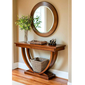 Modern Solid Wood Console <b>Table</b> with Round <b>Wall</b> Mirror Entryway Hallway Furniture Set Indonesia Supplier - Product Image 1