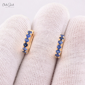 New Arrival 14k Yellow Gold Latch <b>Back</b> Huggie Hoops 2mm Round Cut Blue Sapphire Gemstone Wholesale <b>Earrings</b> at Discounted Price - Product Image 4