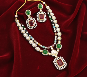 Brass <b>Statement</b> <b>Necklace</b> Set Emerald Cut Doublet Stone Crown Earrings Colorful Beaded Jewelry for Women Party - Product Image 1