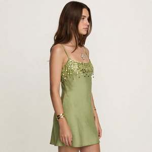 Green Satin A-Line Romantic Evening Party Dress Spaghetti Strap <b>Beaded</b> Sequin Eco-Friendly Square Neck Knee Natural <b>Waist</b> - Product Image 4