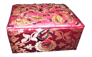 Handmade Eco-Friendly Textile Square Jewelry Box Pink Velvet Lining White Beaded Necklace Display Designer Brass Inlay Home - Product Image 3