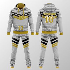 Ensemble survêtement personnalisé avec capuche, imprimé par sublimation, vêtements de sport avec nom et numéro, unisexe, 100% polyester respirant, automne, 2-en-1 - Product Image 1
