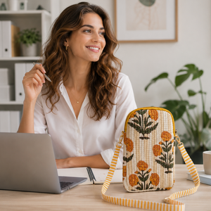 Sac bandoulière matelassé en coton pur, imprimé floral artisanal de Jaipur, avec fermeture éclair et sangle réglable, idéal pour les voyages et comme cadeau. - Product Image 4