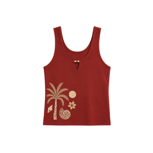 Top Marrón de Un Solo Hombro con Bordado de Hojas con Cuentas, Estilo Casual, Transpirable, para Uso Diario en Primavera/Verano - Product Image 5