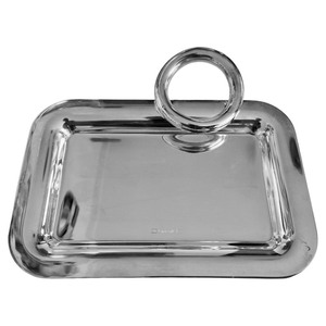 Plateau décoratif rectangulaire en argent de qualité assurée avec poignée en anneau, artisanat moderne en métal, pièce unique - Product Image 2