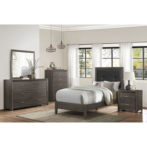 Letto Singolo dal Design Contemporaneo con Testiera Imbottita in Ecopelle con Bottoni, Finitura Grigio Scuro, Arredamento Camera da Letto in Legno - Product Image 5