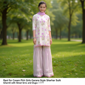 Traje Sharara estilo Garara Rani para niñas con estampado floral y pantalón Palazzo a rayas y Dupatta - 1177 - Product Image 3