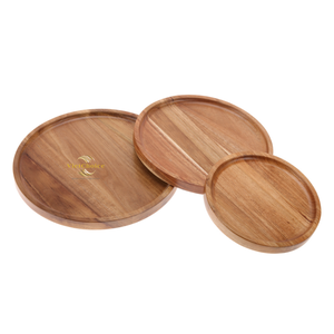 Plateau rond en bois massif écologique, plateau de service en bois naturel pour le café, le thé, les aliments, les desserts - Product Image 1