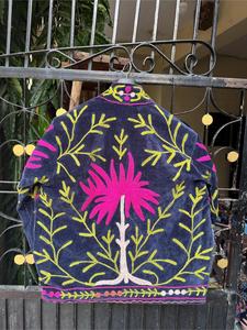 Ethnic Navy Velvet <b>Embroidered</b> <b>Jacket</b> With Floral Pattern Full Sleeve Stand Collar Handmade Bohemian <b>Women</b> Winter Outerwear - Product Image 4